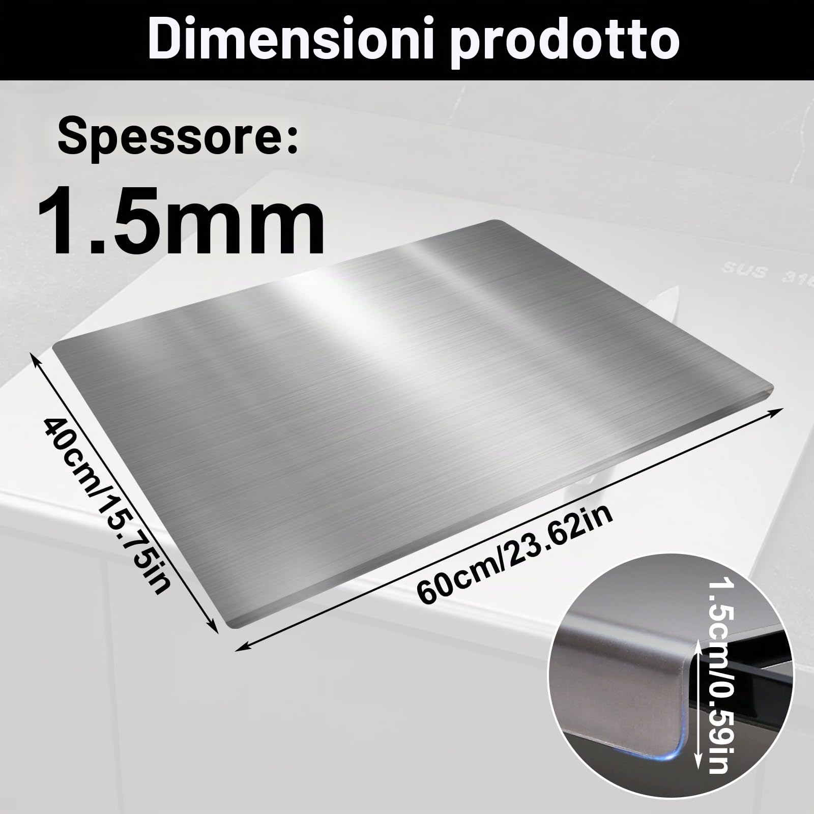 Tagliere in acciaio inox alimentare 60x40cm, spianatoia per impastare con bordo 1,5cm, professionale per pane pizza pasta