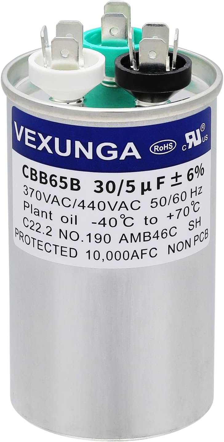 VEXUNGA 30/5 uF 30+5 MFD 370VAC or 440VAC Dual Run Start Round A/C Capacitor CBB65 CBB65B Air Conditioner Capacitors for AC Unit Fan Motor Start or Heat Pump or Condenser Straight Cool