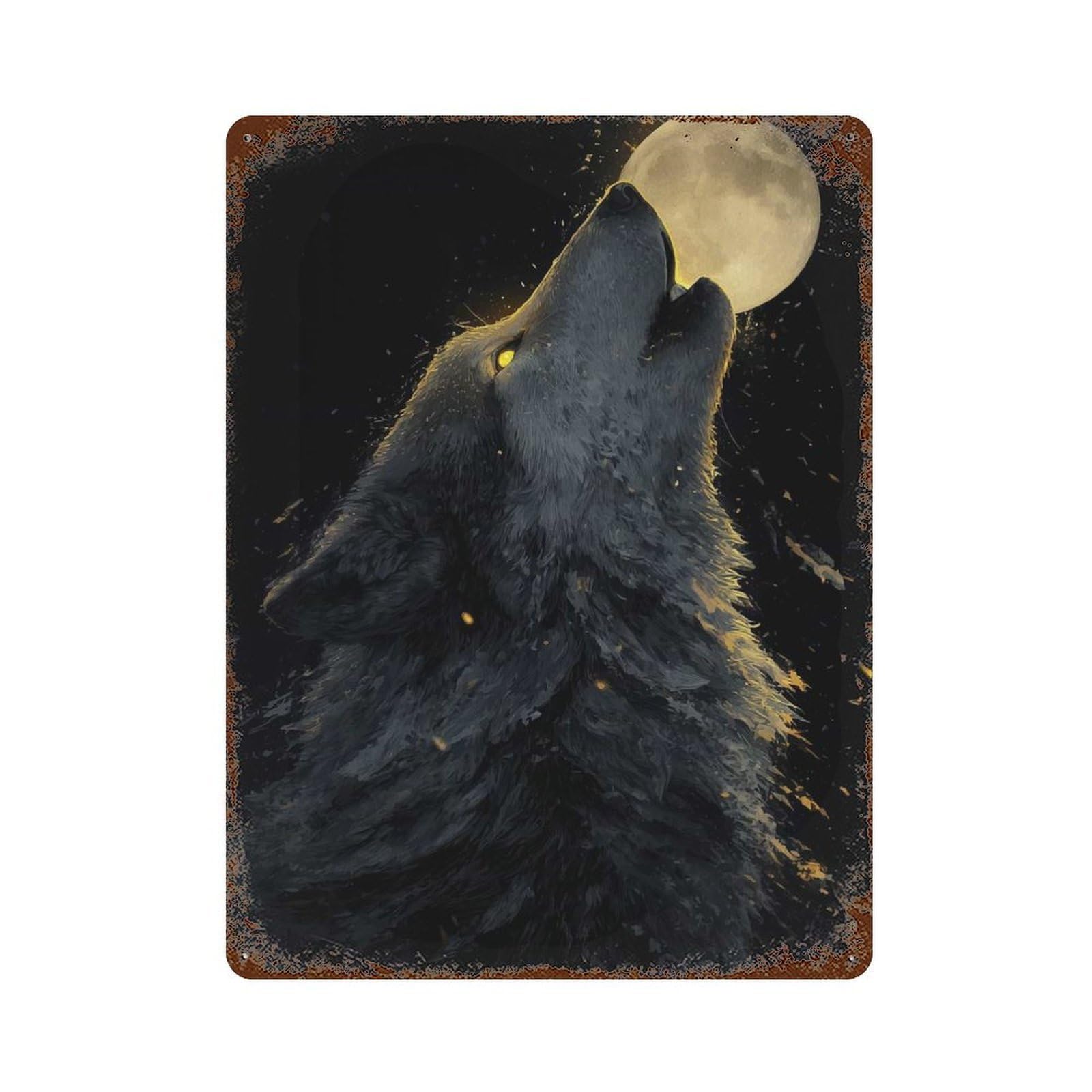 Howling Wolf at The Moon 15.7"x11.8" Weathered Tin Sign, Rustic Home Decor for Living Room, Hallway And Home Decor