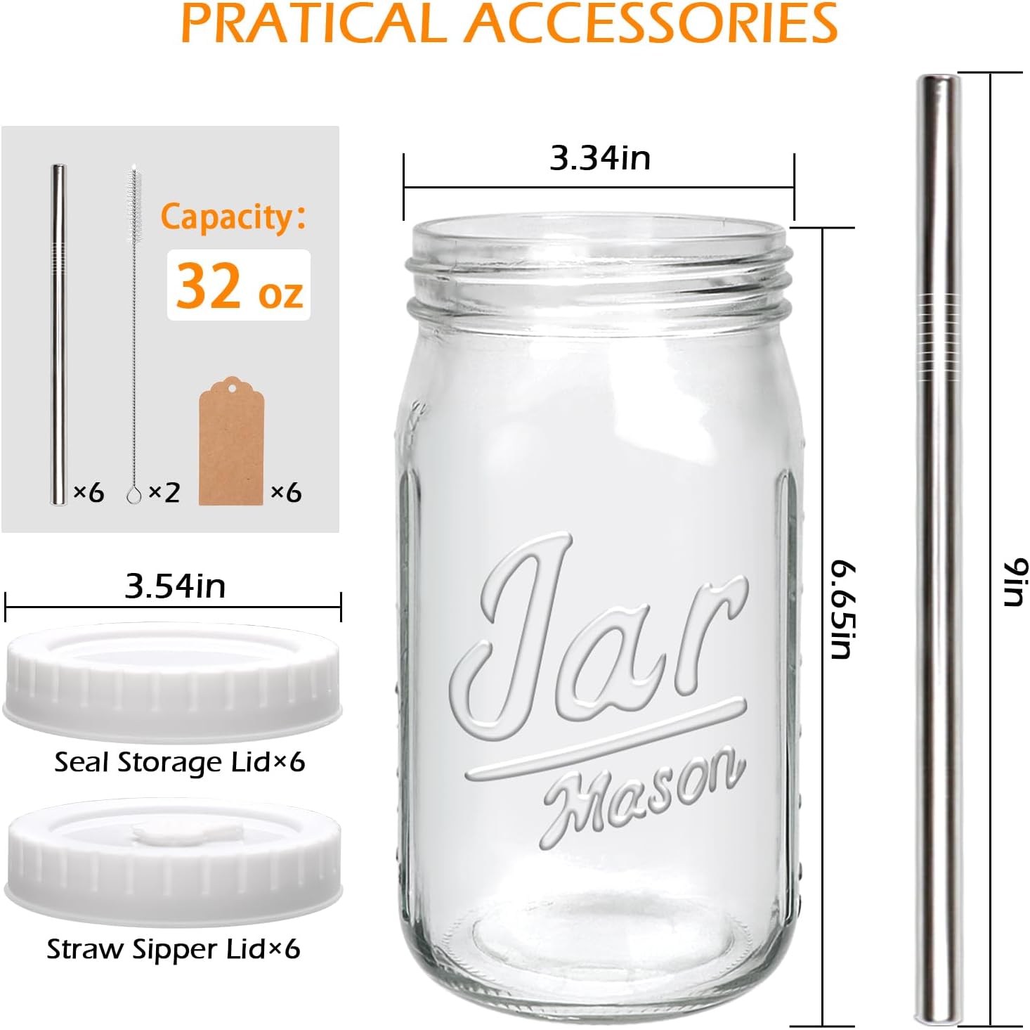 Mapoxy 6-Pack Mason Jars Cups with Plastic Lids & Straws, 32oz Wide Mouth Glass Cups with Leak-proof Plastic Lids, Reusable Drinking Jars for Juices, Smoothies, Iced Coffee & Food Storage