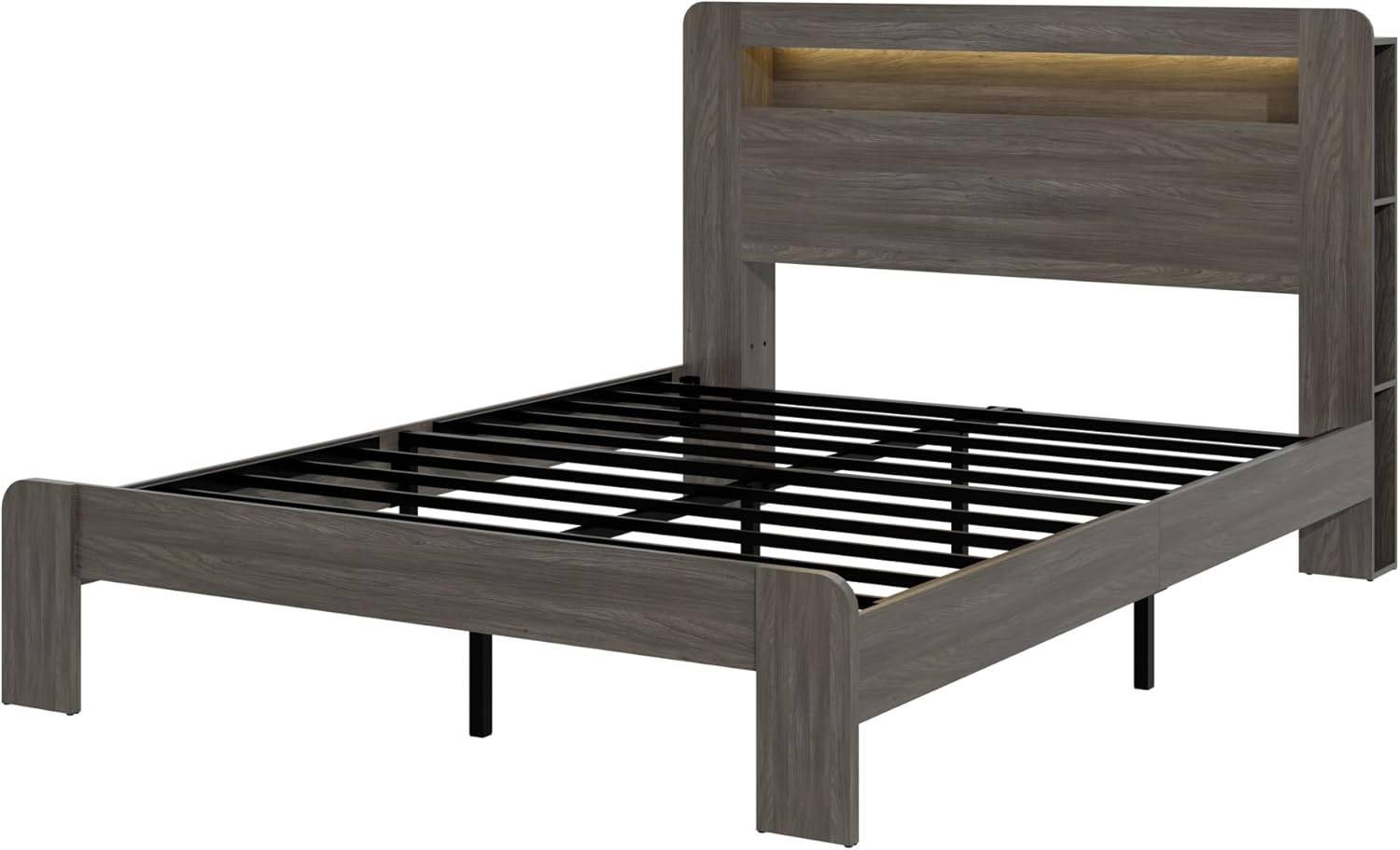 Full Size Wooden Bed Frame with Headboard and Storage Bookshelf, Rustic Farmhouse Platform Led Bed Frame with Charging Station and Wood Slat Support, Sturdy & Easy Assembly, Dark Grey