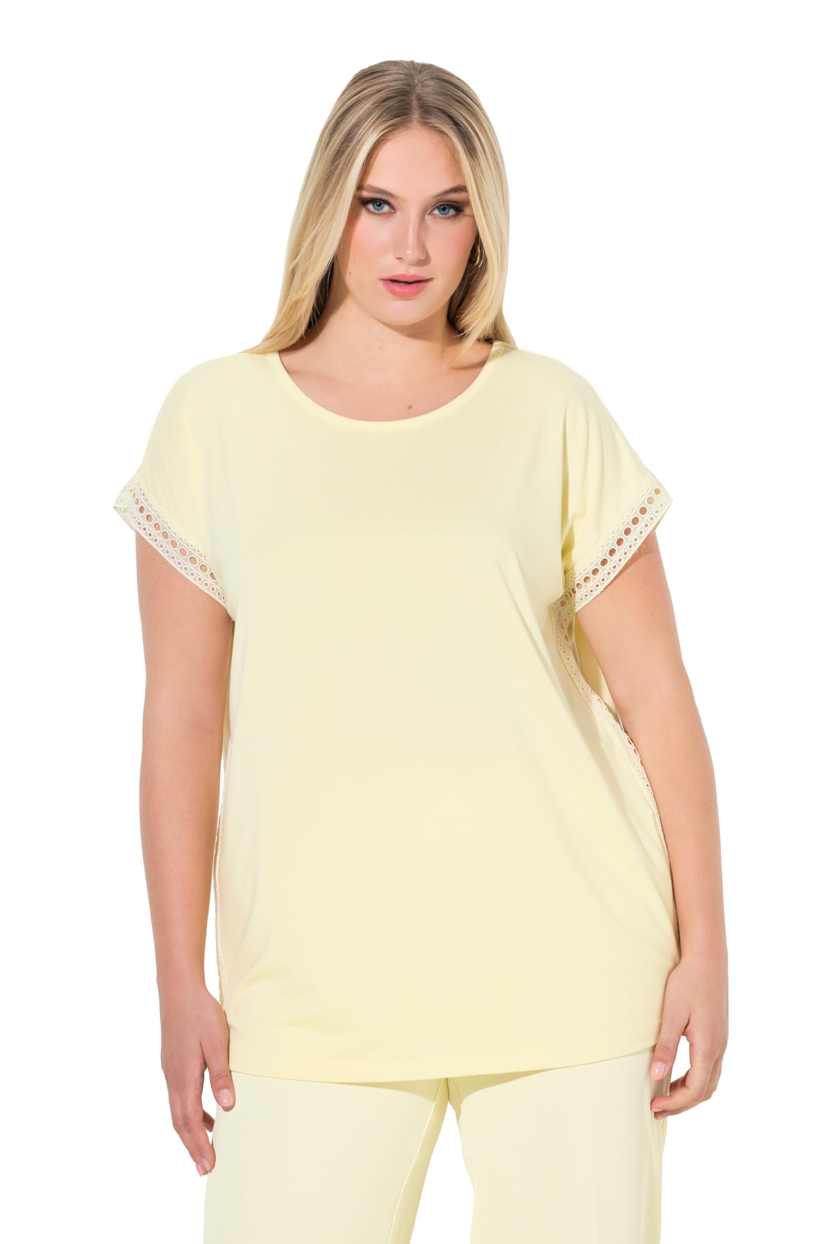 Ulla Popken Damen große Größen Übergrößen Plus Size T-Shirt, Lochspitze, Classic, Rundhals, Halbarm 846336
