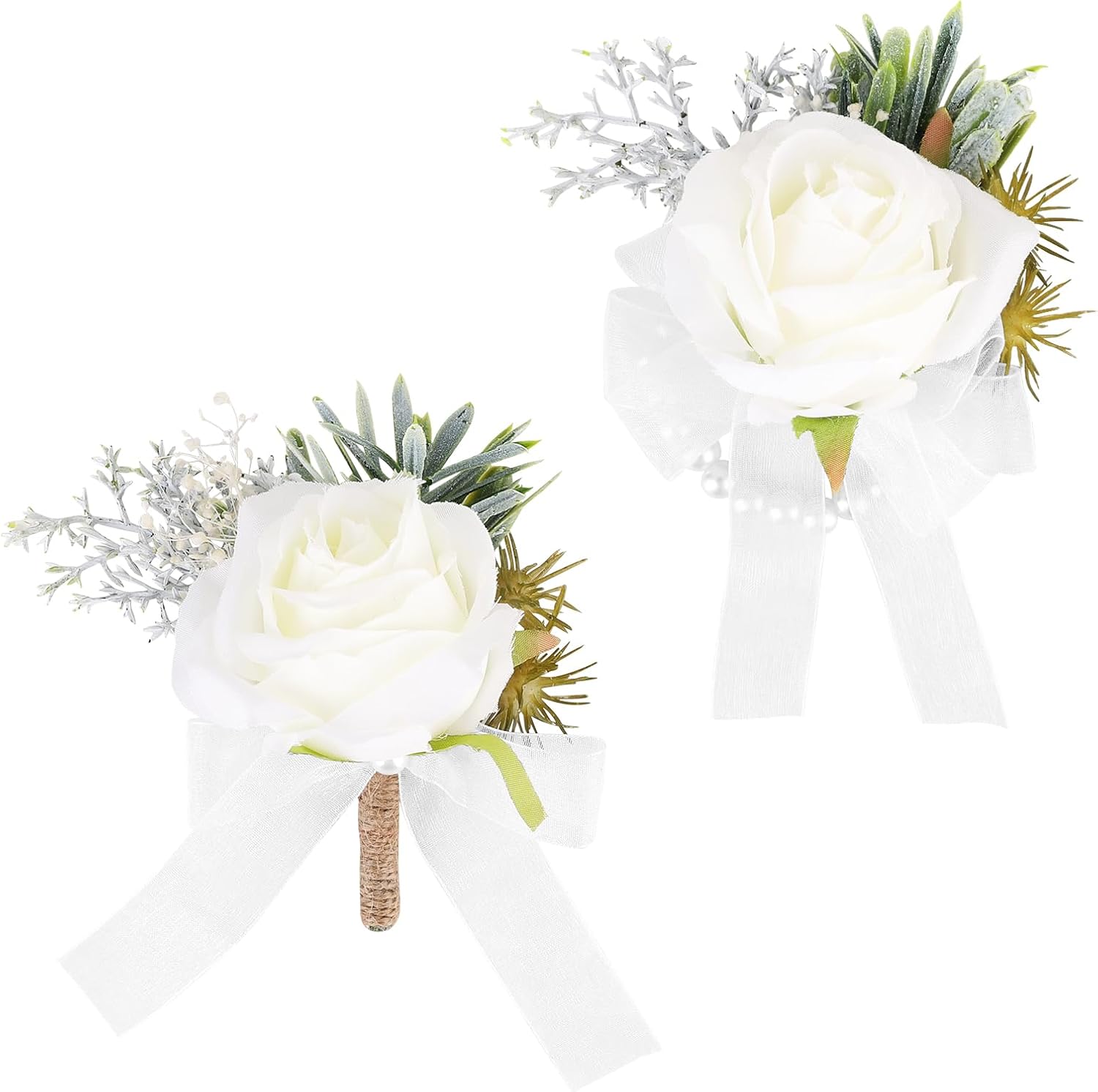 2 Pack White Corsage Wristlet and Boutonniere Set Handmade Artificial Bracelet Button Holes Rose Flower Bracelet White Boutonniere Prom Flower Corsage for Wedding, Ceremony Anniversary