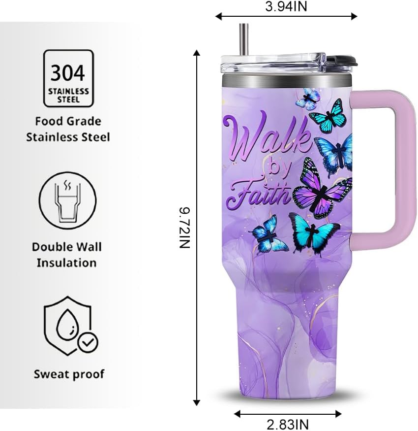 Butterfly 40oz Tumbler with Handle and Straw Lid Stainless Steel Insulated Coffee Travel Mug Cup Keeps Drinks Cold & Hot, Christian Gifts for Butterfly Women Birthday - Image 9