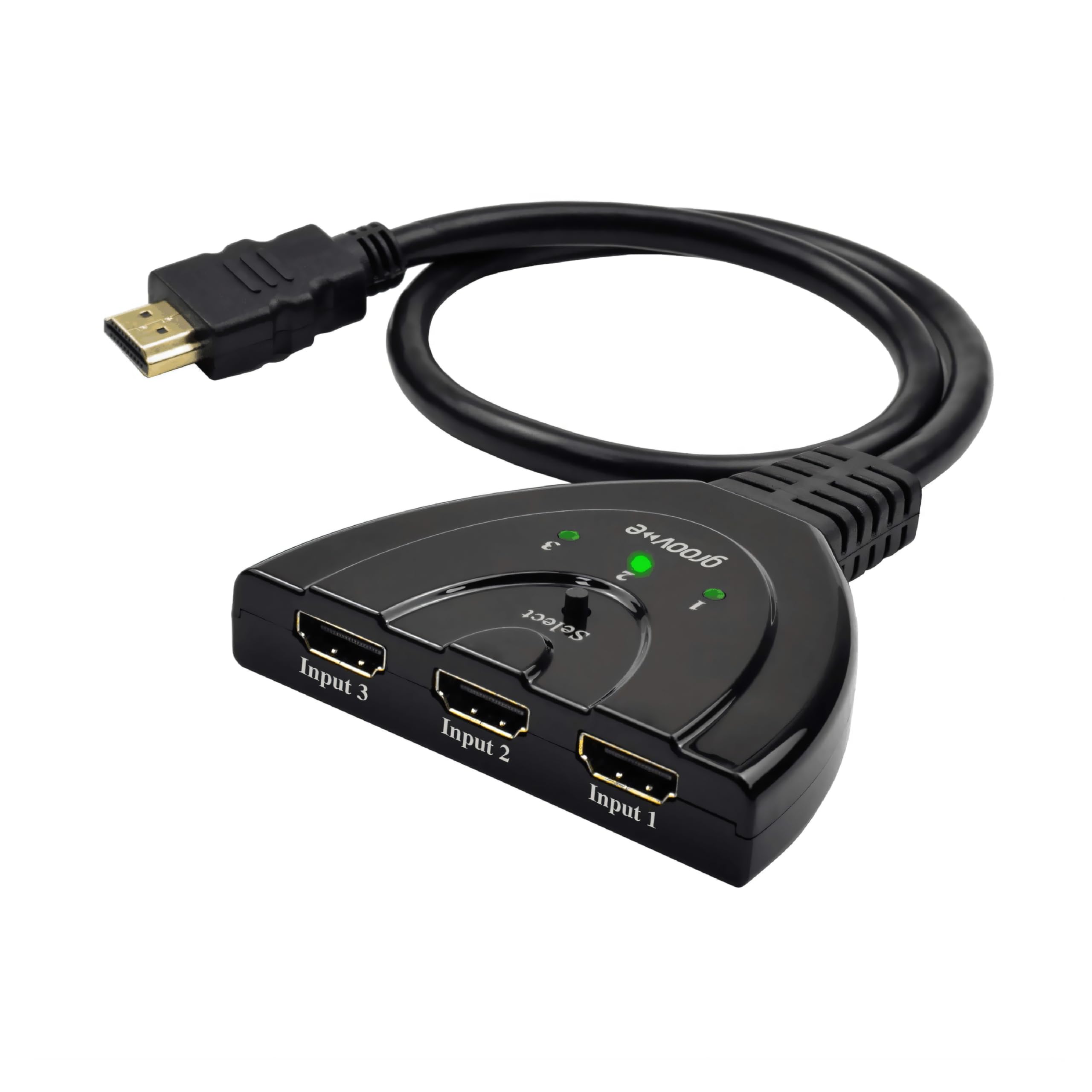 Groov-e 3-Port HDMI Switch - 3 Input 1 Output 4K HDMI Selector Box with Remote Control for TV, Monitor, and Media Players - Black