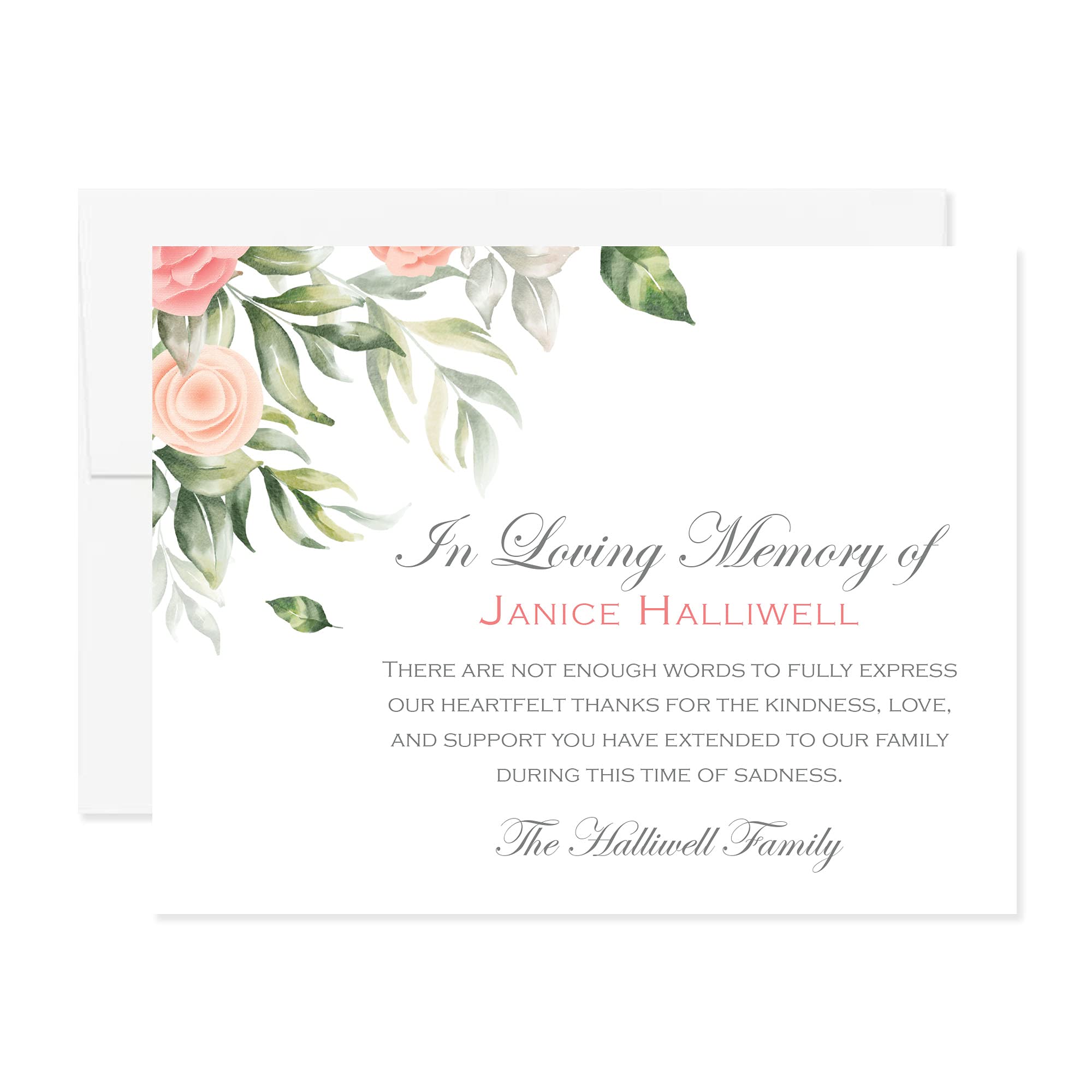 Hello Love Goods In Loving Memory Personalized Funeral Thank You Cards, 5.5x4.25 Greenery and Floral Sympathy Acknowledgement Flat Notecards