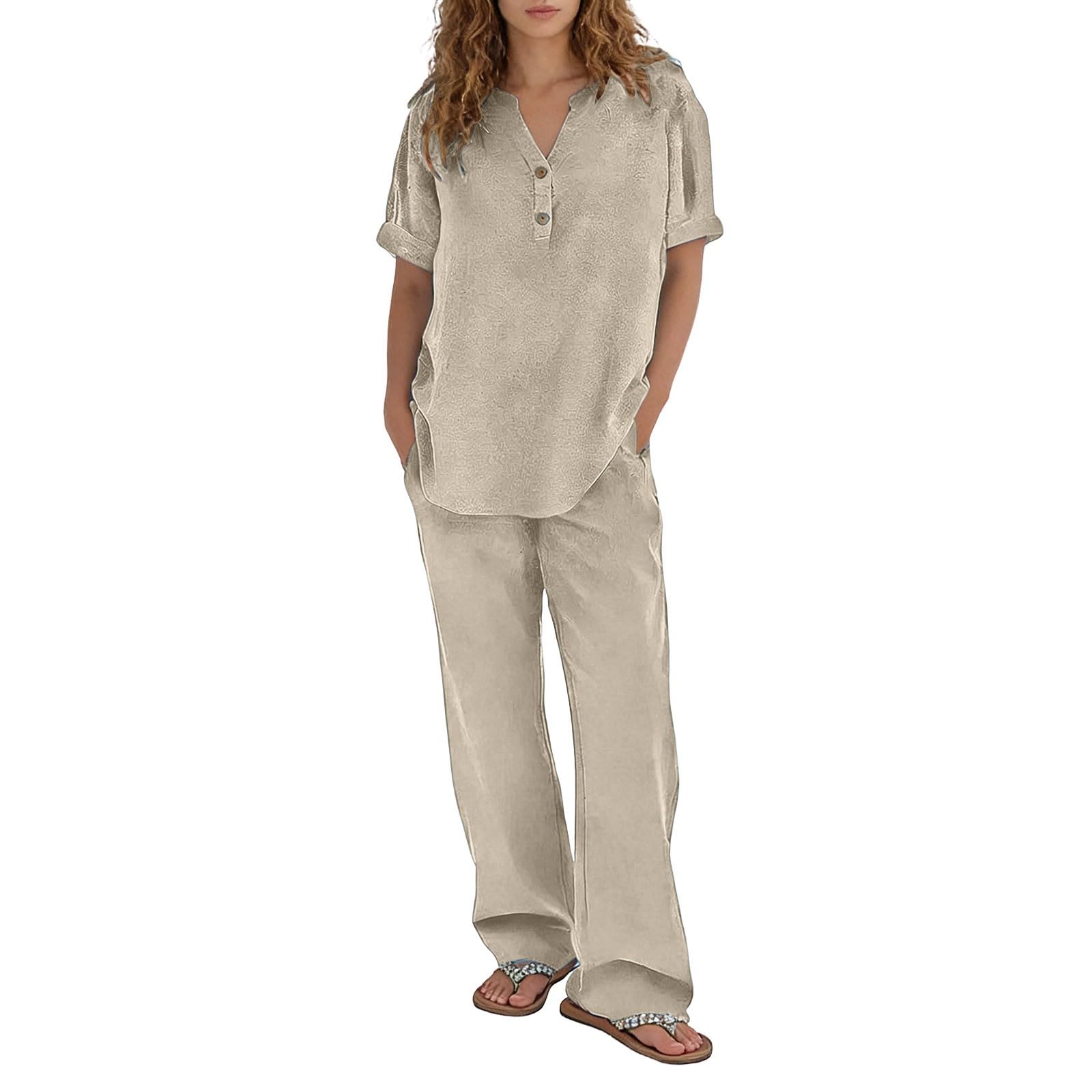 Set sportivo da donna, pigiama da donna, camicia casual ed elegante a maniche corte, tinta unita, pantaloni con tasche larghe e vita elastica confortevole