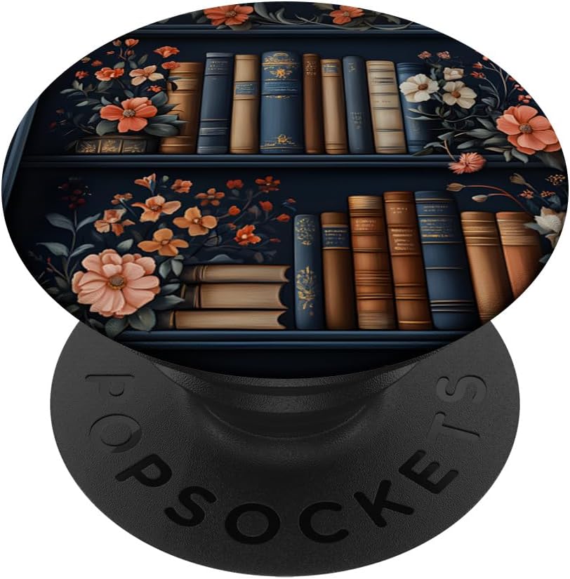 Dark Library Bookshelf with Vintage Books and Flowers PopSockets PopWallet for MagSafe