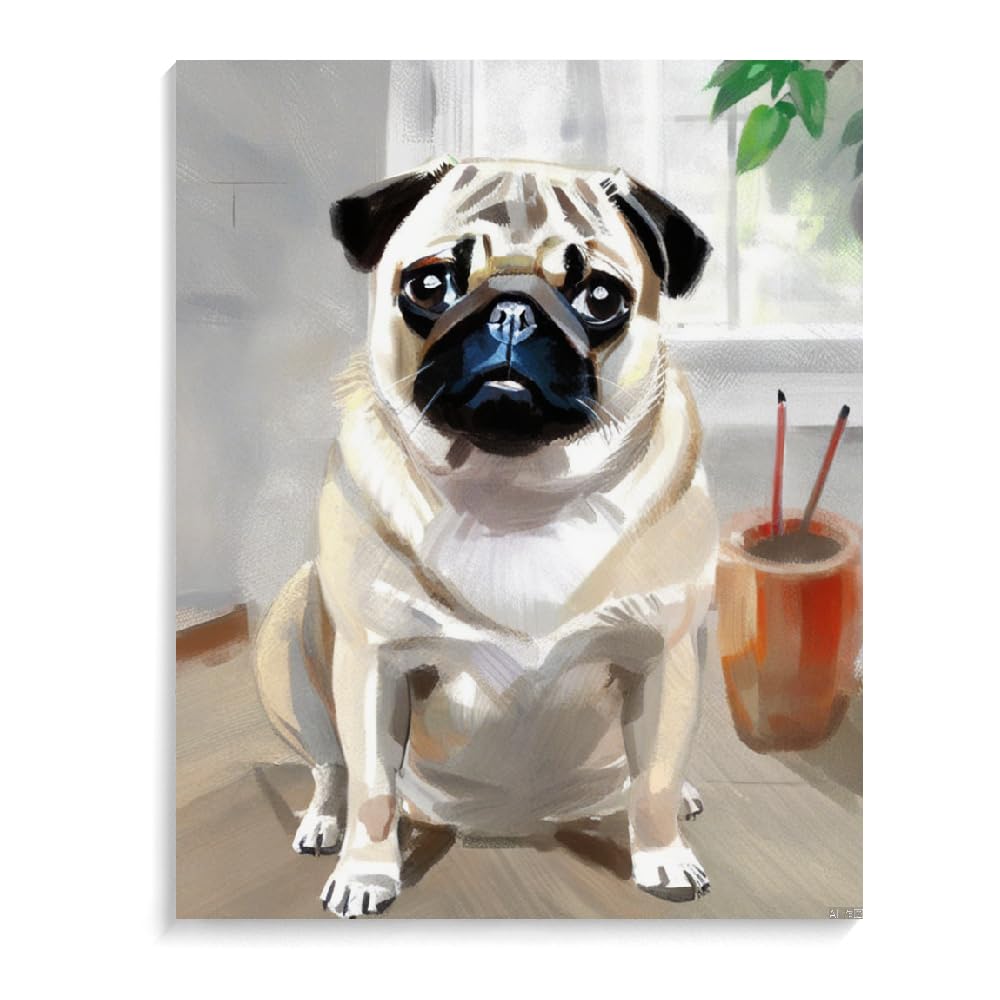 DIY Paint by Numbers Pug Dog on Canvas Painting Kits for Adult, Beginner Oil Painting Kits Gift 16x20inch(40x50cm) Frameless