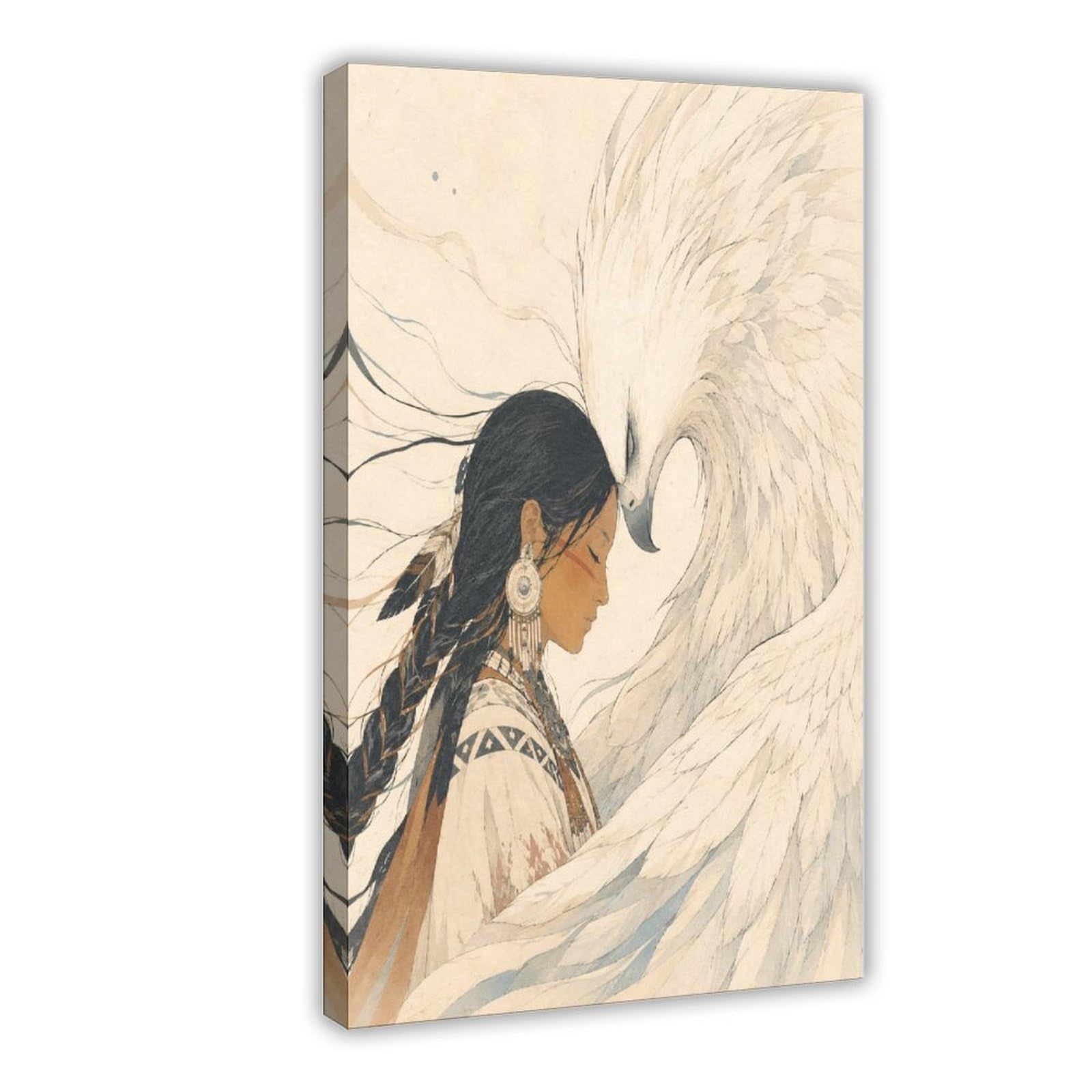 W7c8u2x3 Frame-Style-19 Native Woman With White Bird Canvas Wall Art, Feather Cloak