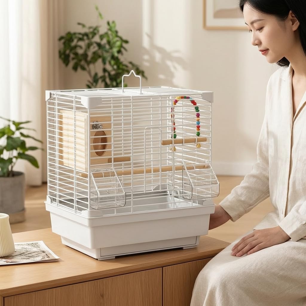 Jaula Aves Metálica Gran con Grados, Jaulas para Pájaros con Banja Extraíble, para Periquitos, Blanco, Paquete B, Blanco