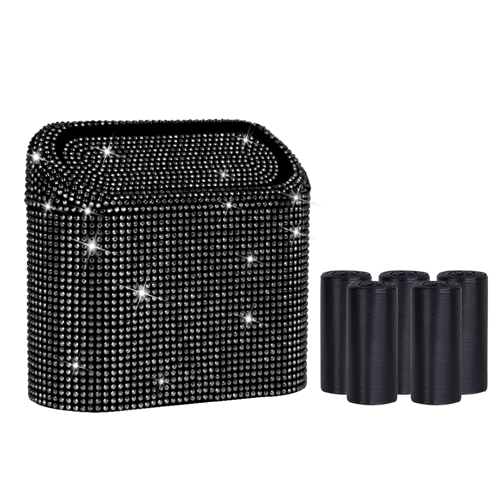 eing Car Trash Can with Lid, Bling Crystal Mini Vehicle Trash Bin Car Dustbin Garbage Organizer, Automotive Garbage Can Bin Trash Container for Auto Cars, Home, Office - Black