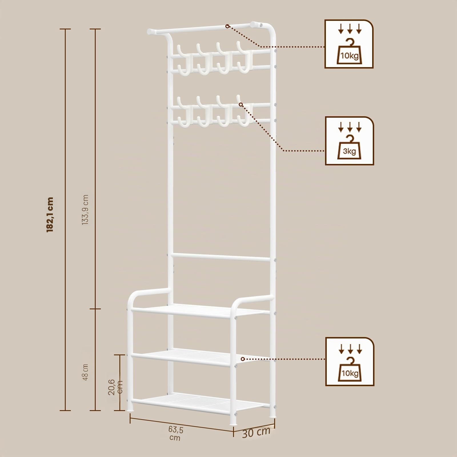 Innotic Perchero 3 en 1 estable barra de ropa con 3 capas zapatero y ganchos desmontables para el dormitorio (Blanco-2)