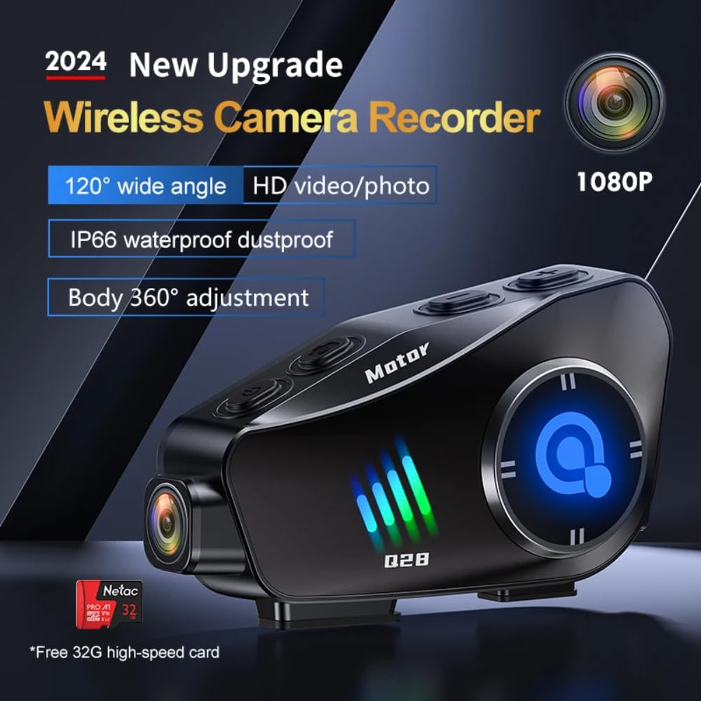 Telecamera per casco da moto con auricolare Bluetooth, registratore HD 1080P, grandangolo 120° per guida, sci, arrampicata