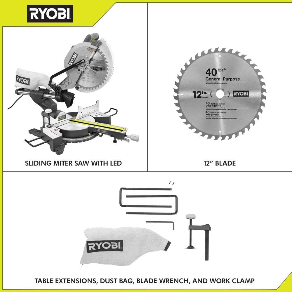 RYOBI 12-Inch Sliding Compound Miter Saw with included 12-inch blade, table extensions, dust bag, blade wrench, and work clamp.