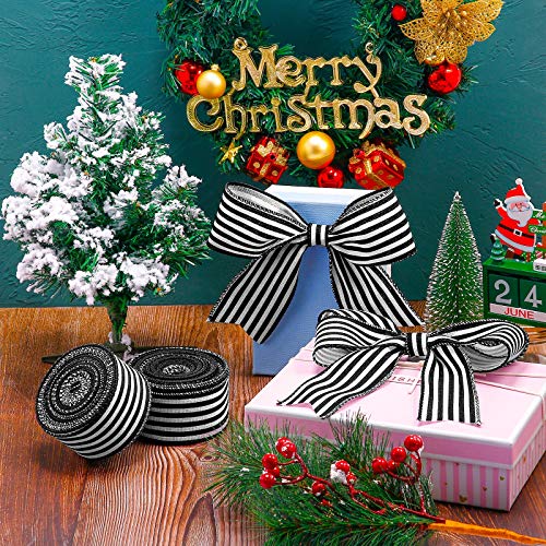 22 Yards Christmas Stripe Wired Edge Ribbon 1.5/2.5 Inch Craft Striped Ribbon Striped Fabric Ribbon For Bow Home Decor Wrapping Christmas Holiday Diy Party (Black And White Stripes) #TOP2