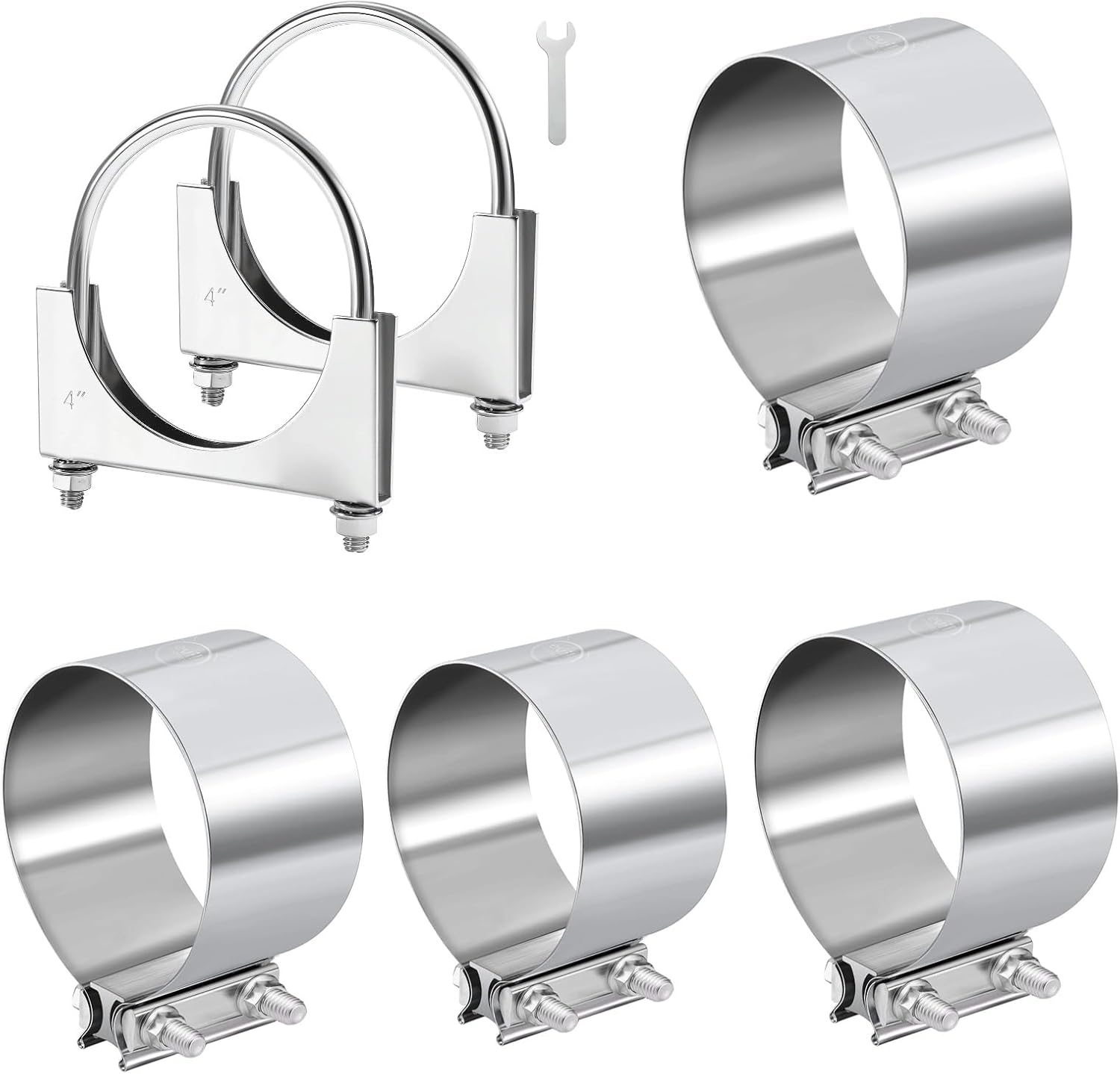 EVIL ENERGY 4" Heavy Duty U Bolt Exhaust Clamp and Butt Joint Band Clamp Sleeve Coupler Stainless Steel for Pipes, Mufflers, Catalytic Converters 4PCS