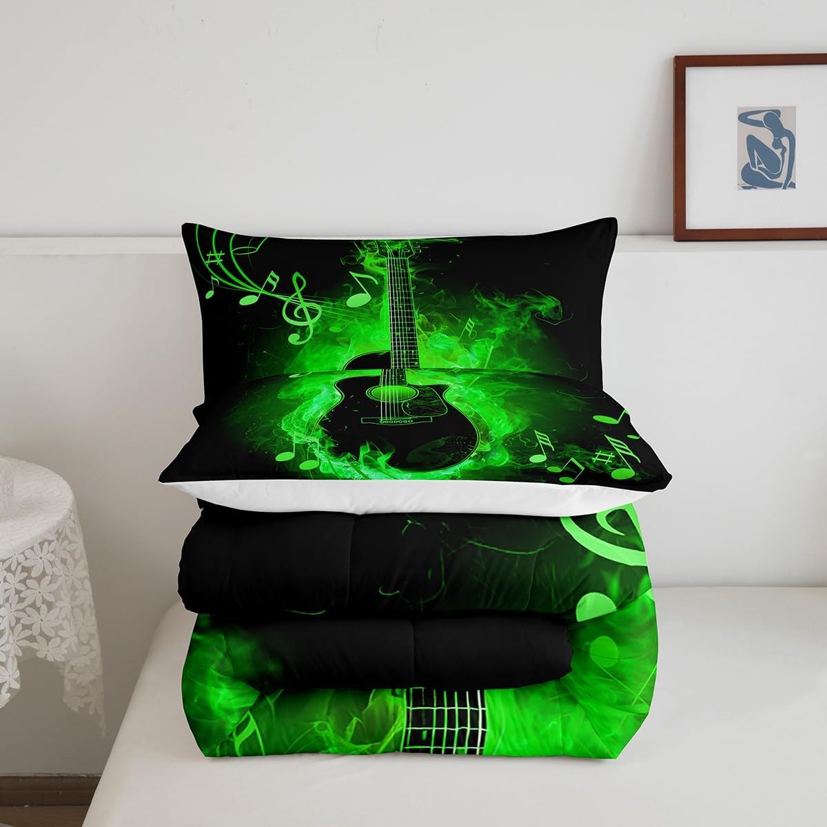 Manfei Electric Guitar Comforter Set Full Size 3 Pcs,Rock Music Theme Guitar Musical Notes Bedding Set,Neon Green Glowing Modern Artistic Quilt Set for Teens Bedroom,Green Black,2 Pillowcases image 5