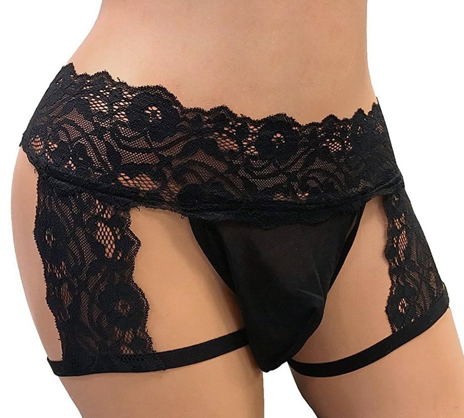 Men’s Lace Thong Lingerie, 3-Piece Garter Brief Underwear Set, Sexy Hollow Out Design with Floral Lace, Black