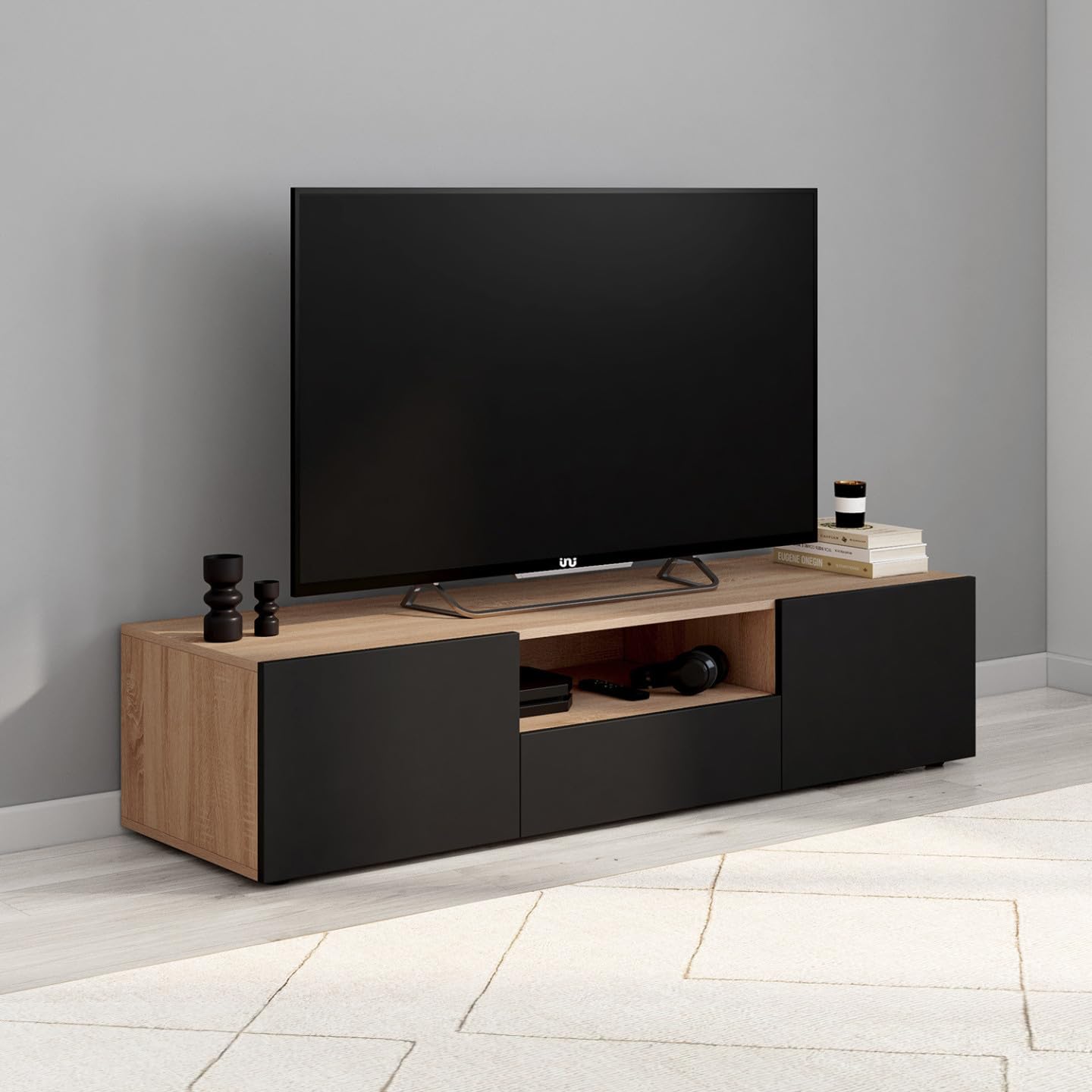 IDMarket - Meuble TV 140 cm ELI Bois façon hêtre Portes Noires