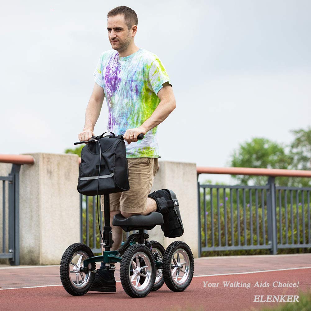 ELENKER Knee Scooter Economy Steerable Knee Walker Ultra Compact & Portable Crutch Alternative with 12" All-Terrain Wheels Shock Absorber Strong Disc Brake for Ankle/Foot/Leg Injury or Surgery (Green)