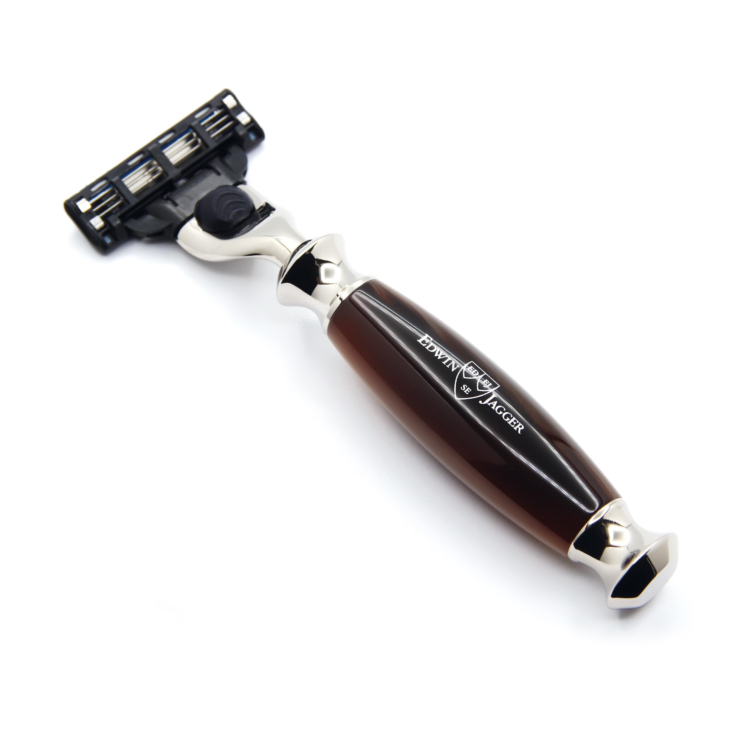 Edwin Jagger R352AMZ Maquinilla De Afeitar Mach 3 Clásica Con Mango Sintético Niquelado, Manual Y Reutilizable, Para Hombres Y Mujeres, Para Crema De Afeitar O Jabón (Imitación Cuerno)