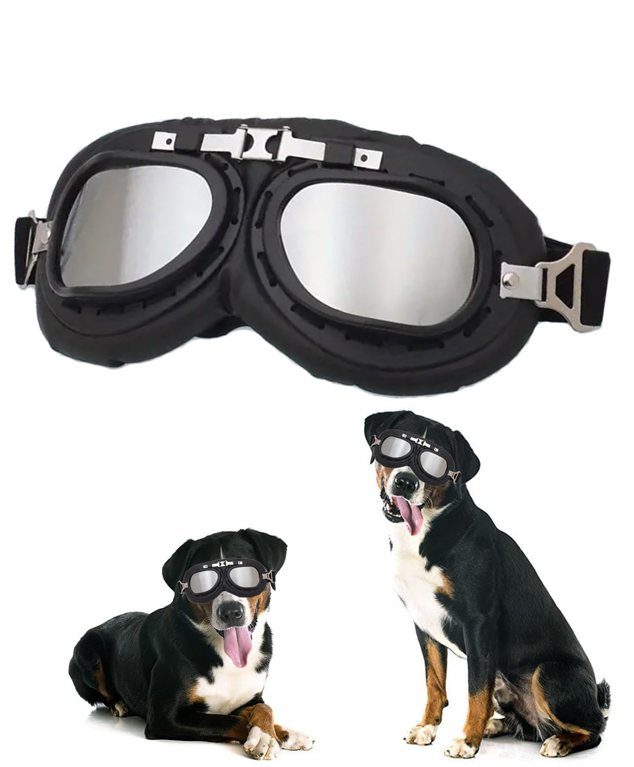 Lightweight Pets Vintage Sunglasses Include Eyeglass Cleaning Cloth for Medium to Large Dogs UV Goggles Windproof Anti-Dust Snowproof Motorcycle Riding Glasses with Adjustable Straps Silver