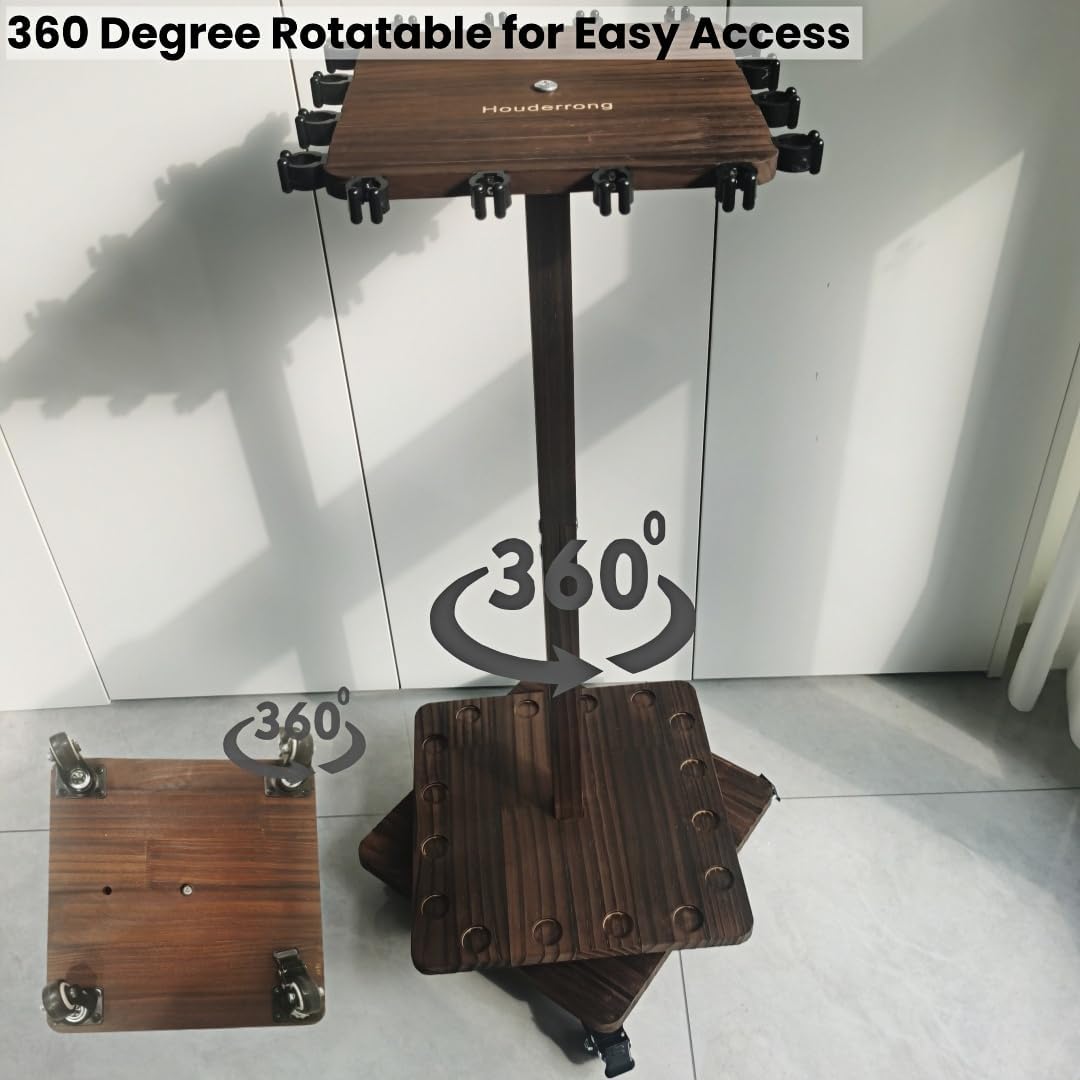 Fishing Rod Holders Up to 16 Rods,360° Rotating Stand with 4 Lockable Swivel Casters,Solid Wood Fishing Pole Rack for Spinning, Baitcasting & Surf Rods, Fishing Gear Storage Organizer