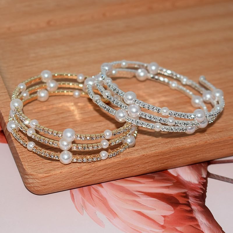 DATOA Sparkling Pearl Rhinestone Multi Layered Stretch Wrap Pearl Bracelet Shiny Vintage Strand Layered Bracelet Gift for Women Brides Wedding - Image 5