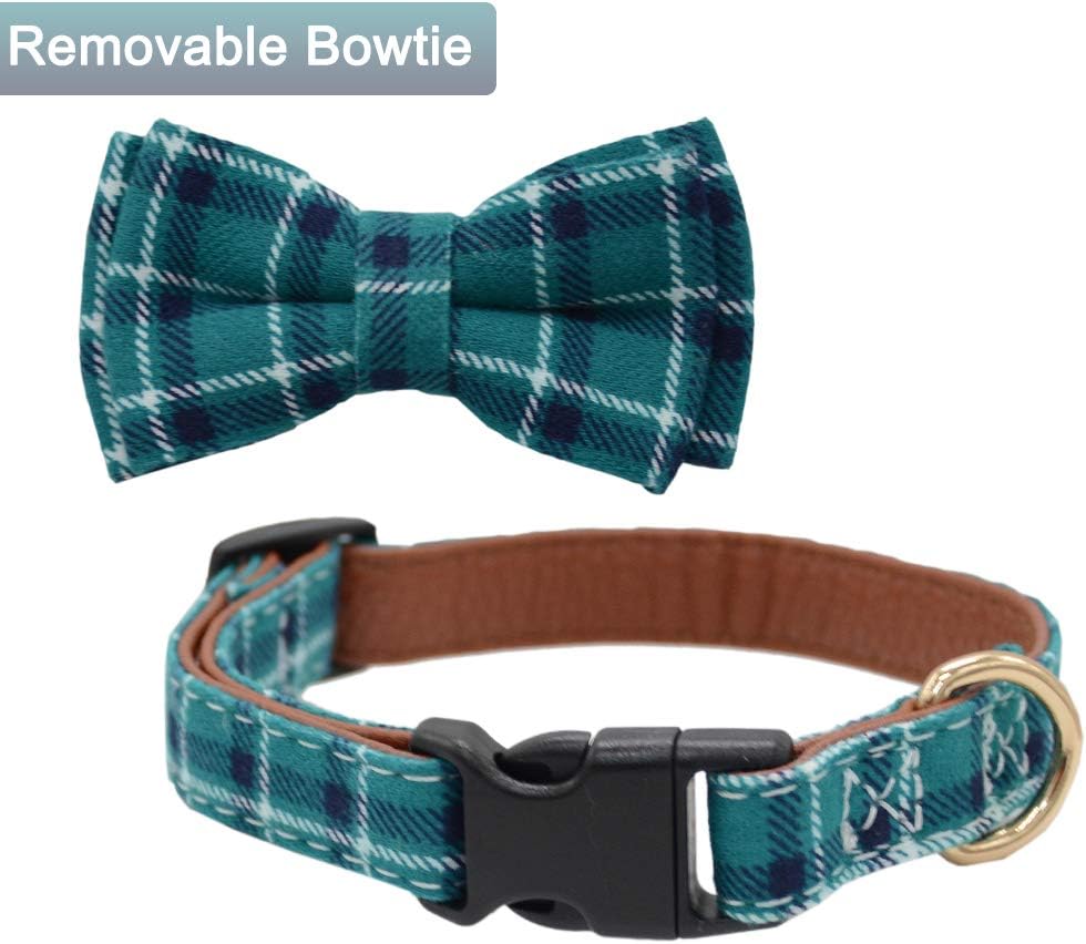 Bow Tie Dog Collar with Leash Set Classic Plaid Adjustable Dogs Collars with Removable Bow Tie for Small to Medium Dogs Green Small