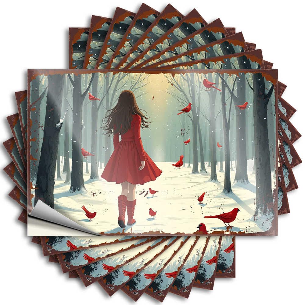 Sticker Fire Cool Bedroom Accessories Waterproof - Winter Walk: A Woman in Red Amidst Snowy Cardinals Door Self Adhesive Decal for Darts Use(6X9CM)