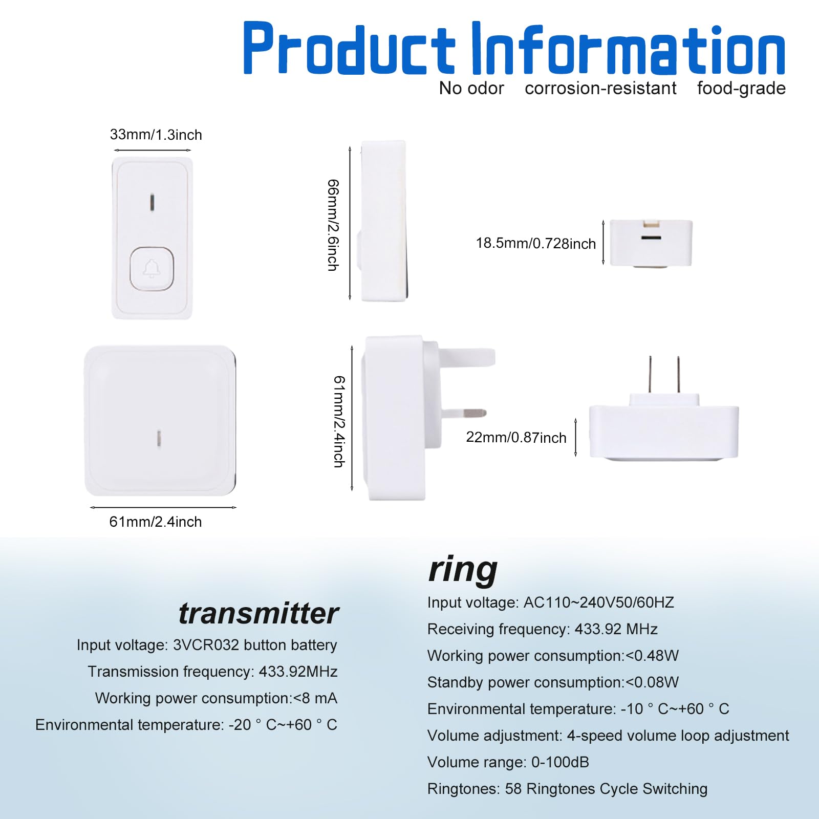 Kit sonnette de porte sans fil avec 2 récepteurs et 1 émetteur - Sonnette de porte étanche à l'extérieur - Portée de 300 m - 58 mélodies - 4 niveaux de volume - Avec flash LED (blanc)