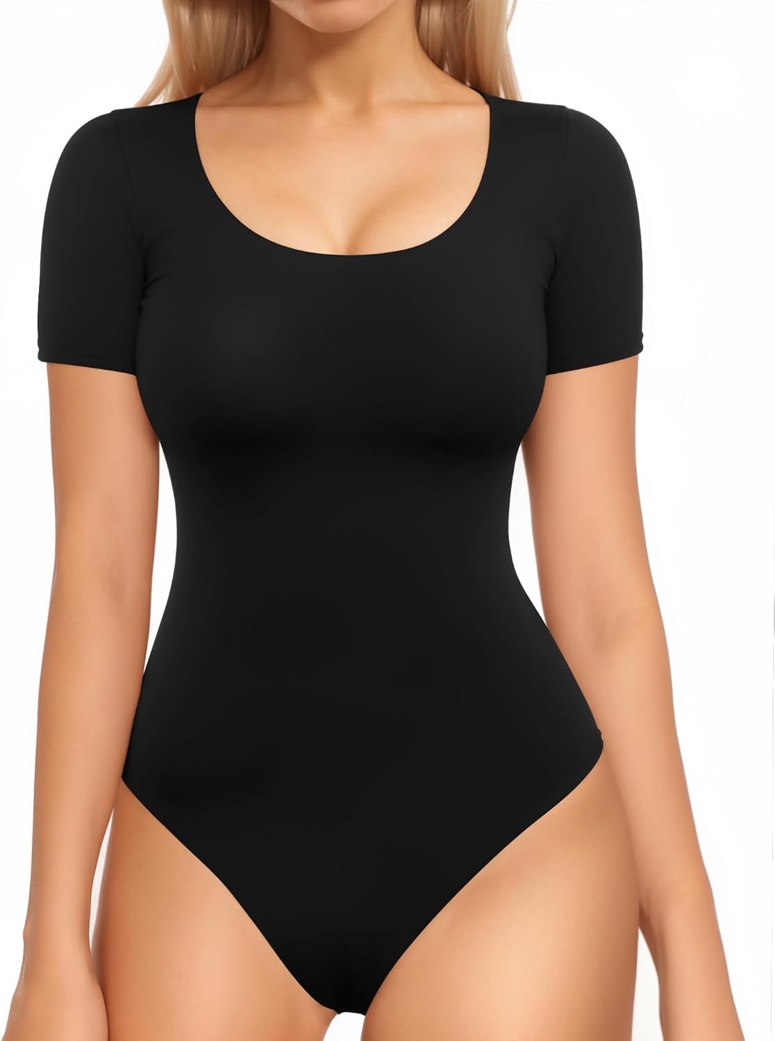 MANGOPOP Double Lined Long Sleeve Bodysuits for Women Scoop Neck Thong Short Bodysuit Tops Seamless