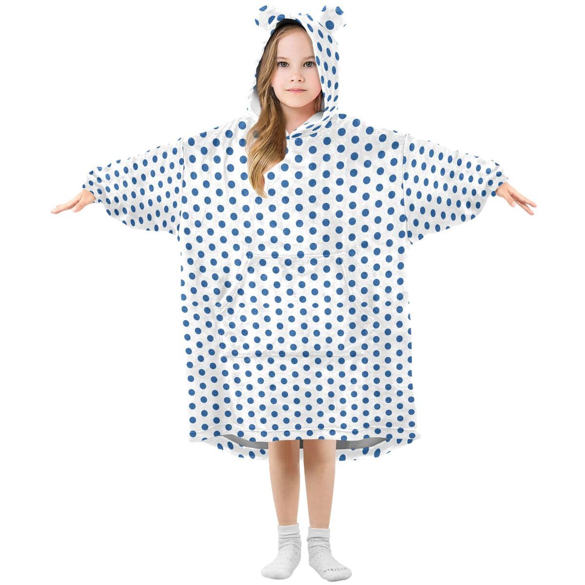 Niebieskie kropki dziecięcy koc do noszenia z kapturem oversize bluza koc sweter geometryczne kropki dla chłopców i dziewcząt w wieku 3-14 lat
