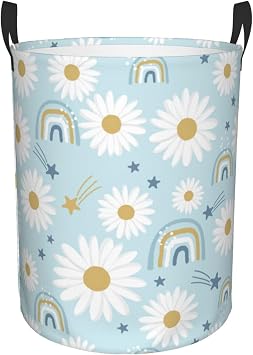 Blue Daisy and Rainbow Laundry Basket Waterproof Oxford Cloth Organizer Basket Collapsible Clothes Hamper with Handle Toy Gift Bin Baskets