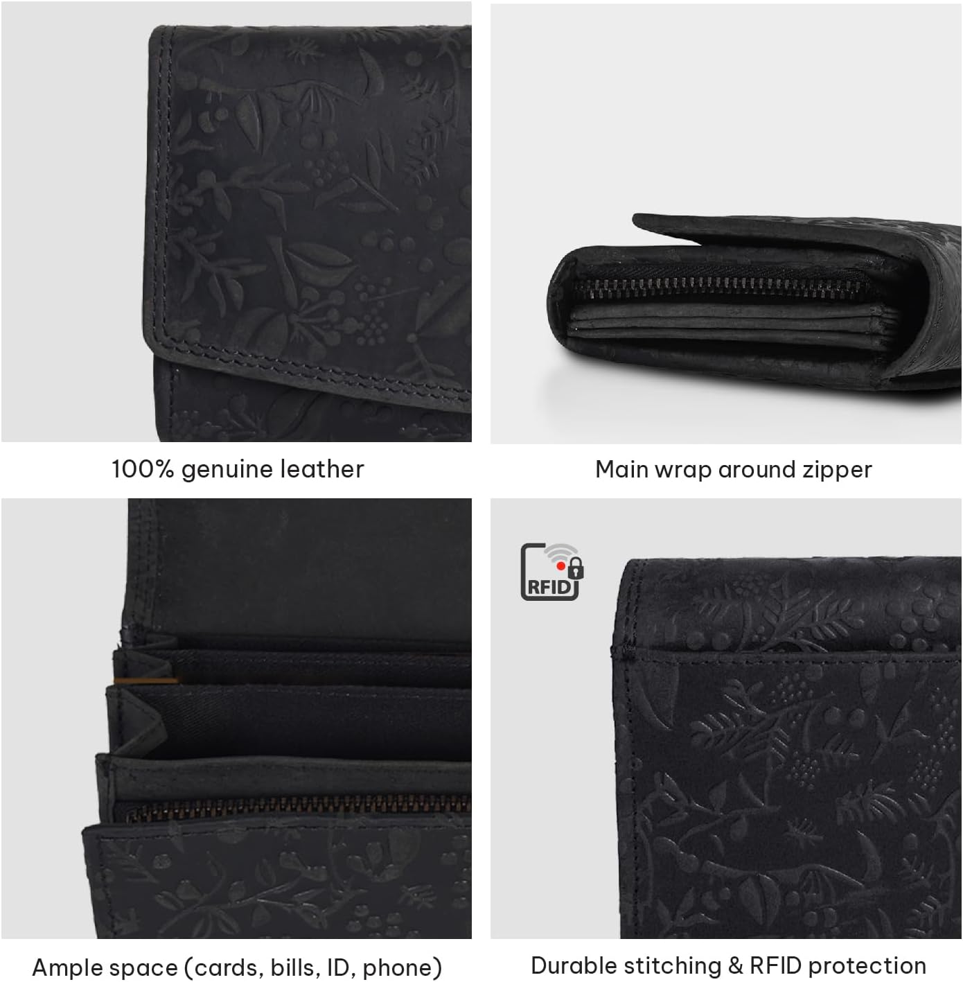 VALENCHI Women's Leather Wallet - RFID Blocking Wallet - Ladies Clutch Hand Purse With Card Holder Slots (Black Oily Hunter LW03) - Image 4