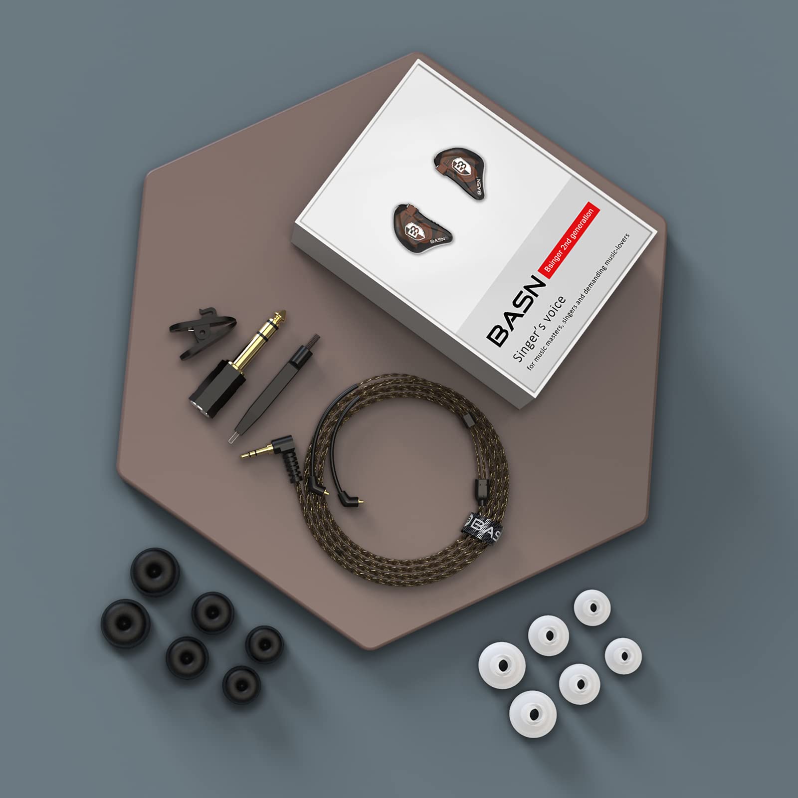 BASN Bsinger - Auriculares intrauditivos con doble controlador dinámico (marrón) | Aislamiento de ruido, auriculares con cable de alta definición con cable MMCX desmontable para músicos bateristas cantantes
