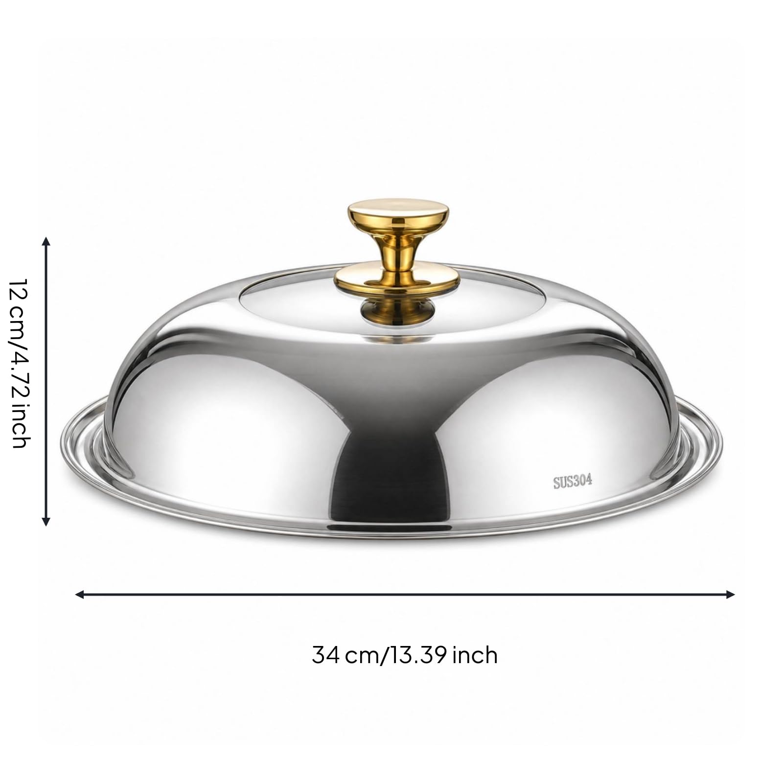 Tapa Acero Inoxidable con Visor Firme Tapa Abovedada con Antigoo para Cocina Diaria, 38cm, Mango De Acero Dorado, Material 304 Puro