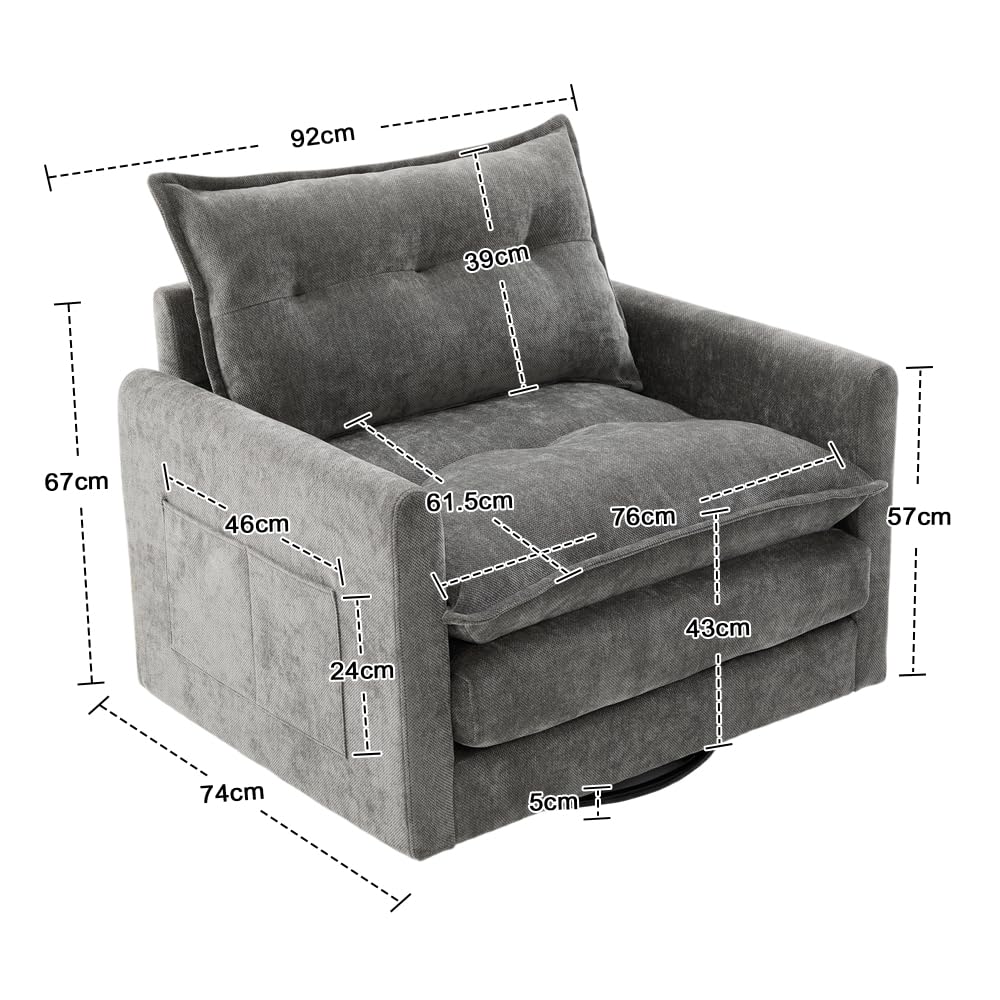 Sillón Giratorio 360° con Brazos y Cojines, Moderno, Cómodo para Sala, Dormitorio, Oficina o Estudio, Relax y Entretenimiento (Gris)