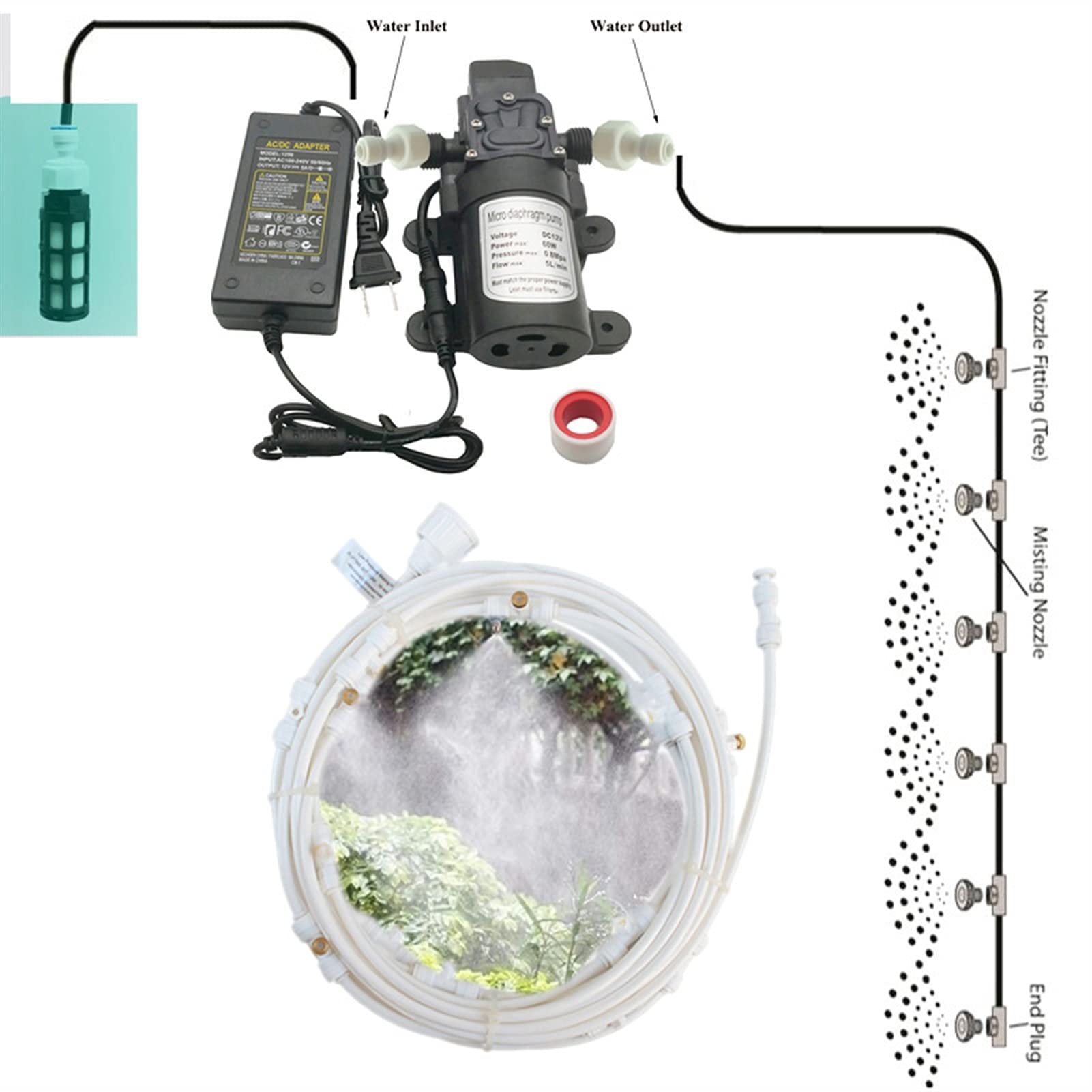 Sprühnebel Kühlung Terrasse Garten Gewächshaus Pavillon Wasserzerstäuber mit 12V Pumpe, Bewässerungssystem Outdoor Misting System Wasser Cooling Sprinkler System für Rasen, Blume, Outdoor