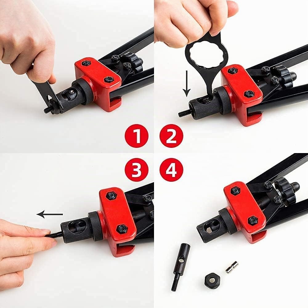Outil à riveter 14" - Kit professionnel pour rivets avec M3 M4 M5 M6 M8 M10 métriques 6 mandrins et 60 écrous, conception permettant de limiter les efforts, avec étui de transport robuste