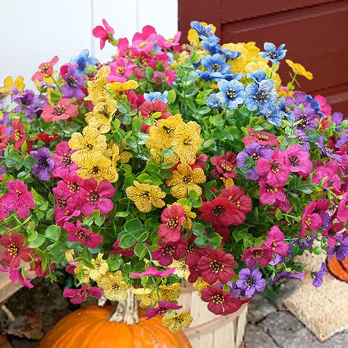 trytuny Artificial Flowers for Outdoor, UV Resistant Fake Silk Flowers, Realistic Faux Plants for Outside Indoor Porch Patio Window Box Planter Home Decor (20, Yellow Purple Rosy Red Blue)