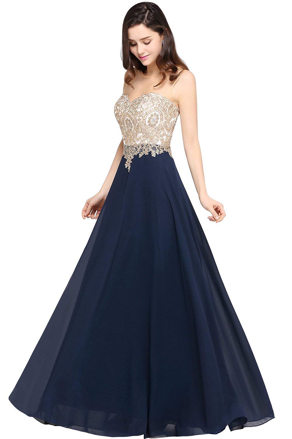 Misshow - Vestito da sera chic lungo con applique floreale traforata in mussola