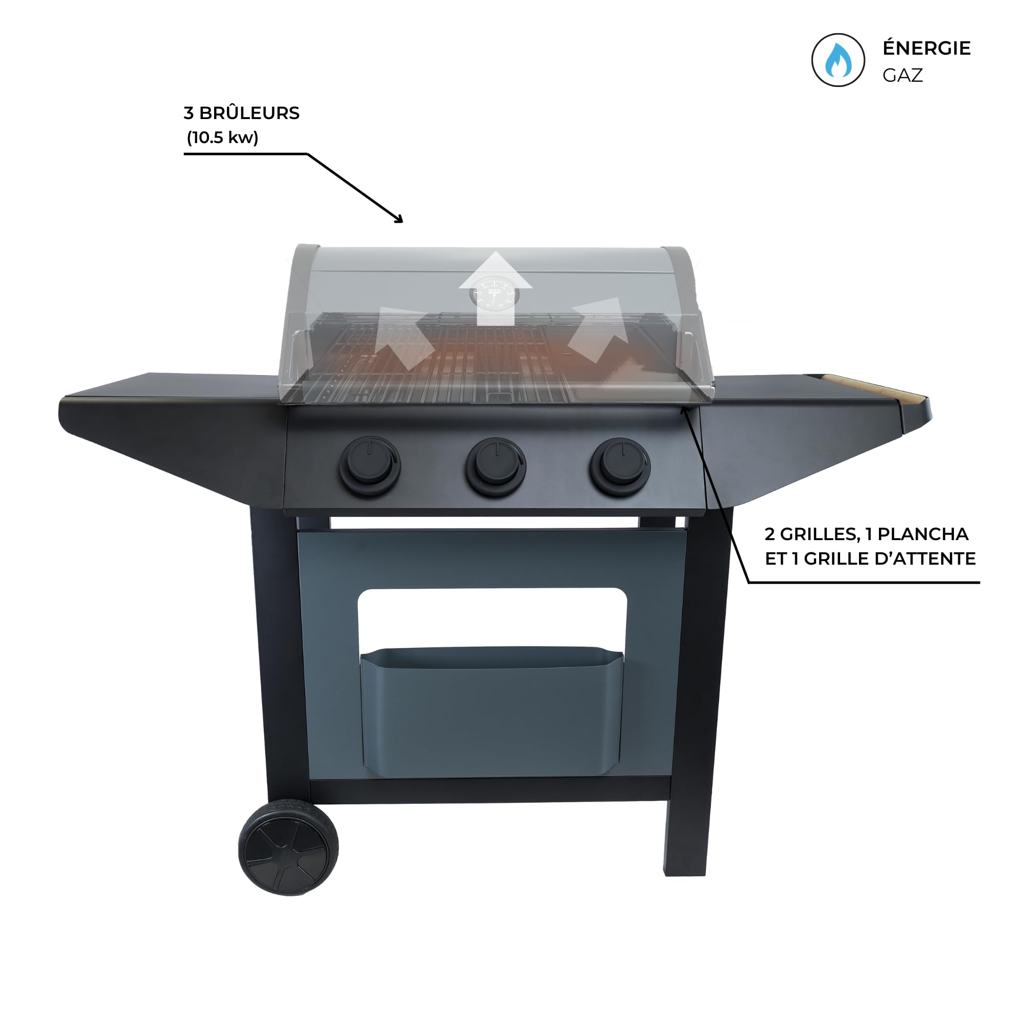 Cook’in Garden - Barbecue Gaz Burn, 3 Brûleurs, Fonction Grill et Plancha, Récupérateur de Graisse Amovible, Thermomètre Intégré, 10,5 kW, Idéal 10 Personnes