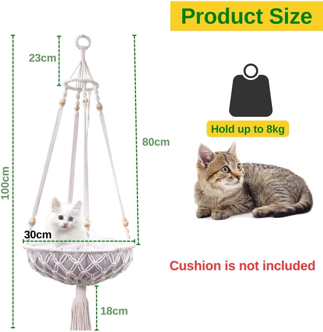 HAZDEAL Macrame Cat Hammock – Hanging Boho Swing Bed for Kittens & Small Cats, Wall-Mounted Climbing Lounge Furniture – Indoor/Outdoor Macrame Pet Hammock (39" x 14") Capacity 17.4Lb (Design2)