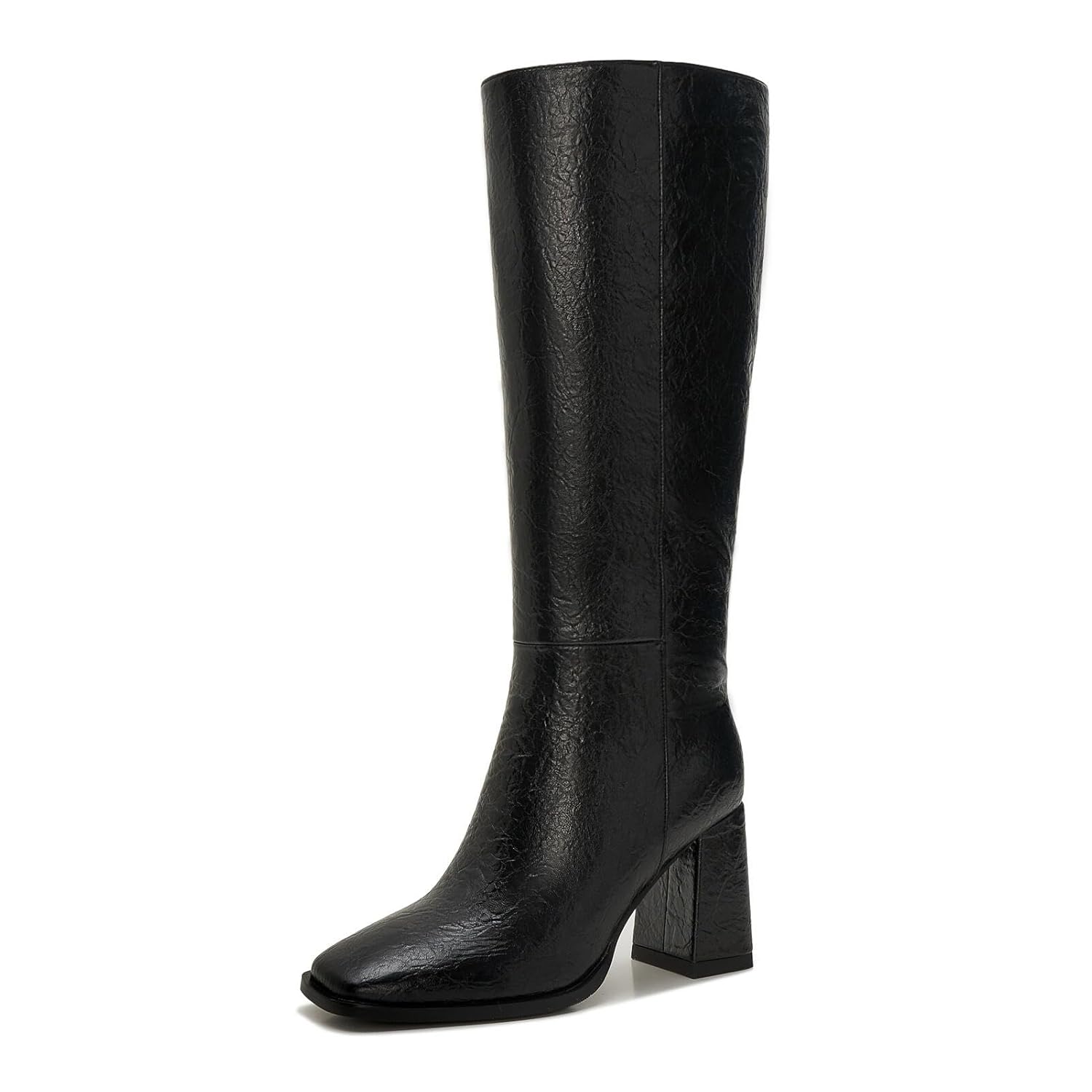 Knee-High Boots for Women - Wide Calf Boots with Zipper Square Toe Tall Leather Boots Chunky Heel Fashion