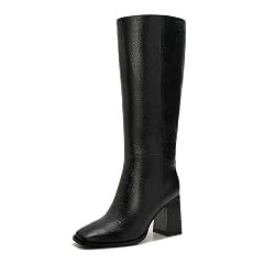 Knee-High Boots for Women - Wide Calf Boots with Zipper Square Toe Tall Leather Boots Chunky Heel Fashion
