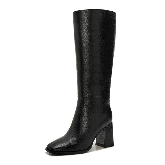 Knee-High Boots for Women - Wide Calf Boots with Zipper Square Toe Tall Leather Boots Chunky Heel Fashion