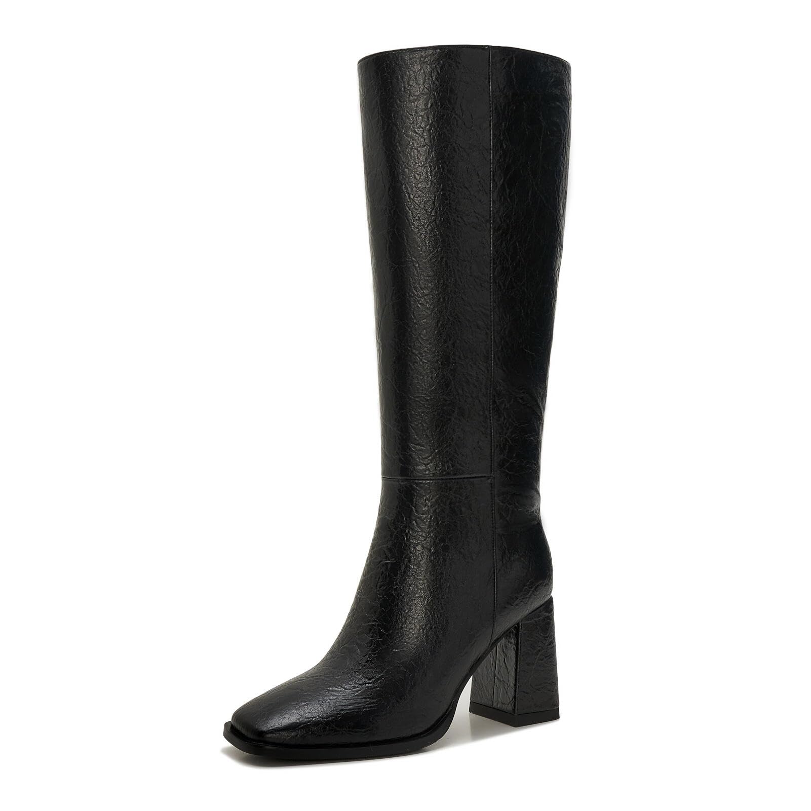 Knee-High Boots for Women - Wide Calf Boots with Zipper Square Toe Tall Leather Boots Chunky Heel Fashion