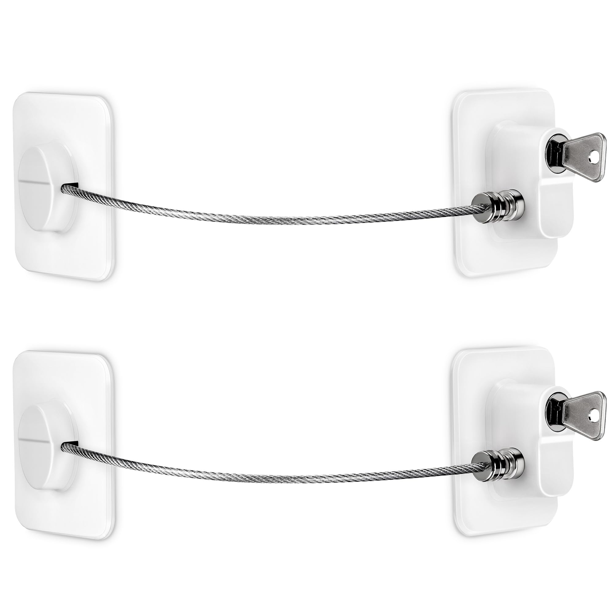 NINEMAX Fridge Lock with Key No Drilling Steel Rope Child Safety Baby Proofing Combination BPA Plastic For Door Refrigerator Freezer Cabinet Drawers Window White Pack of 2